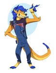 1990s anthro blue_markings clothing feet fur gesture grin hand_gesture happy hindpaw male markings one_eye_closed overalls paws pointing ripped_sleeves smile solo teeth wink yellow_body yellow_fur ruffu tigerthemeerkat herpestid mammal meerkat hi_res