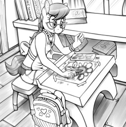 anthro anthrofied apron backpack braided_hair clothing eyewear female finger_painting gem glasses hair heart_symbol jewelry necklace pearl_(gem) pearl_necklace school smile solo replica_(artist) friendship_is_magic hasbro my_little_pony silver_spoon_(mlp) equid equine horse mammal pony hi_res monochrome