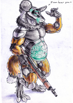 after_vore anthro belly cybernetics machine male pose slightly_chubby solo solo_focus transparent_belly vore weapon anxiousboar african_wild_dog canid canine cyborg mammal synth_(vader-san) absurd_res colored_pencil_(artwork) hi_res traditional_media_(artwork)