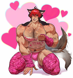 arm_hair arm_warmers armwear barazoku black_hair blush body_hair chest_hair clothed clothing hair hairy happy_trail heart_symbol legwear male muscular muscular_male pecs pink_clothing pink_underwear pose red_eyes red_hair scar shirt sitting skimpy solo tail tail_motion tailwag tank_top text thigh_highs tongue tongue_out topwear underwear khaloart mihoyo zenless_zone_zero komano_manato animal_humanoid canid canid_humanoid canine canine_humanoid dog_humanoid humanoid mammal mammal_humanoid 2026 artist_name digital_media_(artwork) hi_res