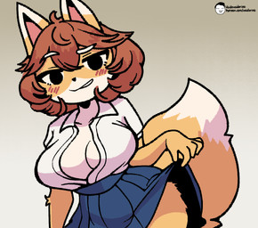 5_fingers anthro big_breasts biped black_eyes black_nose blue_bottomwear blue_clothing blue_skirt blush blush_lines bottomwear breasts brown_hair clothed clothed_anthro clothed_female clothing clothing_lift collared_shirt dipstick_ears dipstick_tail ear_markings eyebrows female female_anthro fingers fur hair looking_at_viewer markings multicolored_body multicolored_ears multicolored_fur orange_body orange_fur orange_tail pink_inner_ear pointy_ears shirt simple_background skirt skirt_lift smile solo tail tail_markings teeth text topwear white_body white_clothing white_ear_tips white_eyebrows white_fur white_shirt white_tail_tip white_topwear voider_(artist) bully_fox canid canine fox mammal 2025 artist_name digital_media_(artwork) url