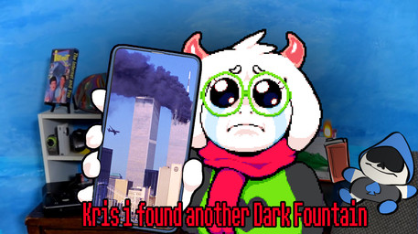 anthro black_clothing blue_body building cellphone clothing duo electronics eyewear fur glasses green_clothing grey_body horn lighter male phone red_scarf scarf skyscraper smartphone text twin_towers twin_towers_(new_york_city) wearing_glasses white_body white_fur world_trade_center kinkykong 9/11 deltarune scott_the_woz undertale_(series) lancer_(deltarune) ralsei bovid caprine goat mammal digital_media_(artwork) hi_res meme pixel_(artwork)