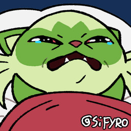 bedding blanket bodily_fluids crying emote green_body pillow red_nose red_sclera tears blitzdrachin conditional_dnp nintendo pokemon felid feline generation_9_pokemon mammal pokemon_(species) sprigatito 1:1 2022 low_res meme signature