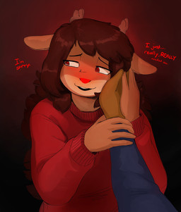 ambiguous_gender anthro antlers bodily_fluids brown_body brown_fur brown_hair caressing caressing_face clothing comforting countershade_face countershading crying dialogue duo female female/ambiguous female_focus fur hair hand_holding horn long_hair looking_away offscreen_character red_eyes red_nose simple_background smile solo_focus sweater tan_body tan_countershading tears tender text topwear the-minuscule-task rue_(the-minuscule-task) deer mammal new_world_deer reindeer 2022 absurd_res english_text hi_res