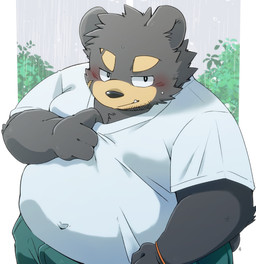 anthro belly big_belly biped black_body black_fur black_nose blush bottomwear clothing cute_fangs fangs fur kemono male overweight overweight_male pants raining scar shirt solo teeth topwear green_bell bear mammal 2026 absurd_res hi_res