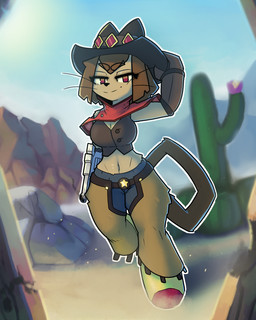 breasts cactus chaps cleavage clothed clothing cowboy_hat cowboy_outfit desert female gun gun_arm handgun hat headgear headwear midriff navel pistol plant ranged_weapon solo weapon weapon_arm 4chan_anon unknown_artist gameoverse glitch_productions kit_bodega domestic_cat felid feline felis mammal 2026 4:5 hi_res