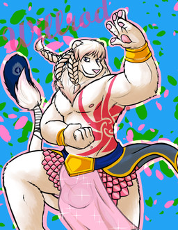 albino bottomwear braided_hair clothing hair kilt loincloth male markings multi_nipple muscular muscular_male nipples pink_markings translucent translucent_bottomwear translucent_clothing white_body kenayneko felid lion mammal pantherine absurd_res hi_res