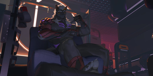anthro barefoot black_body black_fur black_nose clothed clothing feet front_view fur hair inside low-angle_view male male_anthro markings mouth_closed muscular muscular_anthro muscular_male prosthetic prosthetic_arm prosthetic_limb purple_markings short_hair sitting solo topless white_hair yellow_eyes yellow_markings awaldkize canid canine mammal absurd_res hi_res