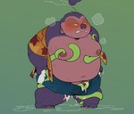 belly big_belly blush bodily_fluids clothed clothing cum genital_fluids kemono male moob_grab moobs nipples open_clothing open_shirt open_topwear overweight overweight_male shirt simple_background solo tentacles topwear quanjiang disney lilo_and_stitch jumba_jookiba alien kweltikwan 2024 hi_res