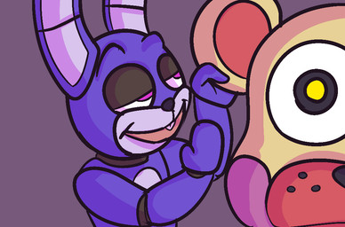 ambiguous_gender anthro duo eyebrows half-closed_eyes machine narrowed_eyes open_mouth puppet purple_eyes raised_eyebrows smile suggestive wide_eyed yellow_eyes crisis-omega five_nights_at_freddy's scottgames sister_location funtime_freddy_(fnafsl) puppet_bonnie_(fnafsl) animatronic bear lagomorph leporid mammal rabbit robot