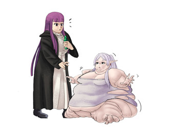 5_fingers 5_toes bangs barefoot belly belly_expansion big_belly big_breasts black_boots black_clothing black_eyebrows black_eyes black_footwear black_robe blue_eyes boots bottle breast_expansion breasts cleavage clothed clothed_female clothed_human clothed_humanoid clothing container dress duo ear_piercing expansion eyebrow_through_hair eyebrows eyelashes fat_arms fat_legs feet female female_human female_humanoid fingers flabby_arms footwear grey_clothing grey_dress grey_eyebrows grey_hair growth_lines hair holding_bottle holding_container holding_object huge_thighs humanoid_pointy_ears light long_hair looking_at_another morbidly_obese morbidly_obese_female morbidly_obese_humanoid not_furry obese obese_female obese_humanoid open_mouth overweight overweight_female overweight_humanoid piercing pigtails pointy_ears pupils purple_hair purple_pupils robe shoes simple_background sitting standing straight_arms surprised tan_body tan_skin teeth thick_thighs toes torn_clothing torn_dress translucent translucent_hair weight_gain white_background white_clothing white_dress comedii frieren_beyond_journey's_end fern_(frieren) frieren elf human humanoid mammal 2024 absurd_res colored digital_drawing_(artwork) digital_media_(artwork) english_description hi_res lighting shaded
