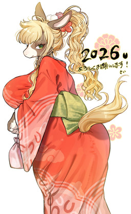accessory anthro asian_clothing big_breasts blonde_hair bottomwear breasts brown_body brown_fur clothing curvy_figure east_asian_clothing female flower flower_in_hair fur furgonomic_bottomwear furgonomics green_eyes hair hair_accessory japanese_clothing kimono plant ponytail solo tail sa_a_a chinese_zodiac new_year_2026 year_of_the_horse equid equine horse mammal hi_res