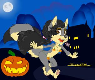 ambiguous_gender anthro bikini black_body black_fur black_hair black_nose brown_eyes claws clothing costume female femboy food fruit fur grey_body grey_fur hair holidays jack-o'-lantern long_hair looking_at_viewer moon night open_mouth pacifier pawpads plant pose pumpkin solo swimwear tan_body tan_fur teeth tongue two-piece_swimsuit young young_anthro young_female zooshi halloween zoosie canid canine canis mammal wolf 2016 hi_res signature
