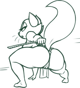 action_pose anthro asian_clothing big_butt breasts butt clothed clothing crouching east_asian_clothing female fundoshi fundoshi_only japanese_clothing looking_back mature_female pose ruler side_boob solo topless underwear underwear_only whiskers redout little_dogs_on_the_prairie miss_kitty_(ldotp) domestic_cat felid feline felis mammal 2026 hi_res monochrome