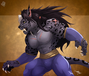 anthro claws clothing fur male muscular scar solo spots tail teeth zibyr felid feline hybrid leopard mammal pantherine hi_res