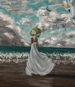 ambiguous_gender beach beak blush cloud eyes_closed green_pseudo_hair group happy one_eye_obstructed open_mouth pseudo_hair sea sky trio water white_body wings gyuragyura nintendo pokemon avian bird gardevoir generation_3_pokemon humanoid pokemon_(species) wingull 2026 painting_(artwork)