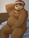 anthro bed belly big_belly brown_body brown_fur christmas_clothing christmas_headwear clothing detailed_background eyewear fur furniture glasses hat headgear headwear holidays humanoid_hands inside kemono male moobs navel one_eye_closed overweight overweight_male pillow santa_hat sitting solo yaki_atsuage christmas lifewonders tokyo_afterschool_summoners volos_(tas) bear mammal 2023 absurd_res hi_res