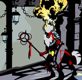 armor bone chain facial_piercing fire horn lamp lantern magic male nose_piercing nose_ring piercing ring_piercing septum_piercing shield skull solo standing weapon yellow_eyes pixelkitties friendship_is_magic hasbro my_little_pony tirek_(mlp) equid mammal taur 2014