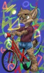 4_toes 5_fingers abstract_background anthro bicycle blue_bottomwear blue_clothing blue_shorts bottomwear brown_body brown_fur bulge clothed clothing feet fingers fluffy fluffy_tail fully_clothed fur green_eyes male red_clothing red_shirt red_t-shirt red_topwear shirt shorts smile solo t-shirt tail toes topwear vehicle zephyrpanthur felid feline lynx mammal 2025 character_request hi_res signature