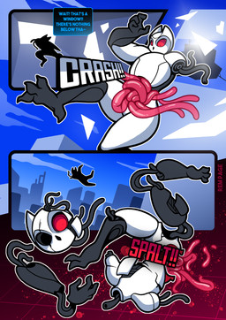 anthro black_body dismemberment featureless_crotch gore guts jumping machine male missing_arm multicolored_body organs red_sclera solo speech_bubble text two_tone_body white_body rem_phase avian bird owl robot 2026 absurd_res comic english_text hi_res