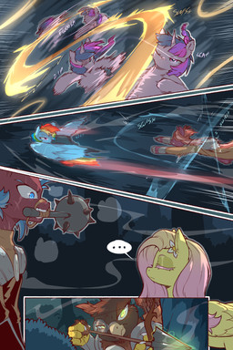 beak blue_body blue_eyes bow_(weapon) brown_body eyelashes eyes_closed feathered_wings feathers female feral flying fur group hair holding_object holding_weapon horn mace male melee_weapon motion_lines mouth_closed multicolored_hair multicolored_tail night onomatopoeia outside pink_hair pupils purple_body purple_eyes purple_hair rainbow_hair rainbow_tail ranged_weapon scar side_view sound_effects speech_bubble tail text three-quarter_view unicorn_horn weapon wings yellow_body cold-blooded-twilight friendship_is_magic hasbro my_little_pony mythology fan_character fluttershy_(mlp) rainbow_dash_(mlp) twilight_sparkle_(mlp) avian equid equine gryphon mammal mythological_avian mythological_creature mythological_equine pegasus unicorn 2:3 comic hi_res