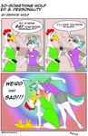 3_panel_comic absurd_res alternate_rainbow_pride_colors anthro arm_tuft avian beverage bird border bottomwear canid cellphone cheek_tuft chicken clothing container cup dialogue dialogue_box dress duo ears_back elbow_tuft electronics english_text face_to_face facial_tuft fangs feathers female female/female fur galliform gallus_(genus) gradient_background green_highlights green_pawpads hair half-closed_eyes hi_res highlights_(coloring) humor inner_ear_fluff kneeling lgbt_history_month lgbt_pride lips mammal multicolored_body multicolored_fur narrowed_eyes open_mouth open_smile pawpads paws phasianid phone pivoted_ears rainbow_background scared shirt shorts simple_background six-stripe_rainbow_pride_colors smartphone smile sparkledog spiral_eyes t-shirt teeth text thick_bottom_lip topwear tuft white_body white_border white_feathers white_hair wide_eyed worm yellow_body yellow_skin zephyri_q_wolf zephyriwolf