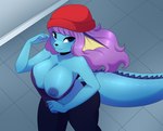 anthro beanie big_breasts blue_body blue_eyes blue_nipples bottomwear bra_lift breasts clothed clothing down_blouse female fin flashing hair hat head_fin headgear headwear high-angle_view looking_at_viewer nipples one_breast_out pants partially_clothed purple_hair smile solo tail thick_tail topwear walking seirva nintendo pokemon dotto eeveelution generation_1_pokemon pokemon_(species) vaporeon absurd_res hi_res