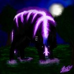 1:1 bluefluffy_fusky_(artist) ear_piercing feral forest full_moon glowing glowing_eyes glowing_markings glowing_nails hi_res koszmar_fusky male markings moon piercing plant tree