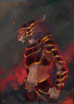 anthro armor black_armor black_mane exposed_belly facial_hair fangs fire fist fur goatee gold_(metal) gold_armor looking_down male mane navel no_sclera pensive slim solo tan_body tan_fur teeth ksenaarts mythology paizo pathfinder baharos catfolk dragon felid hybrid lion mammal mythological_creature mythological_scalie pantherine scalie hi_res