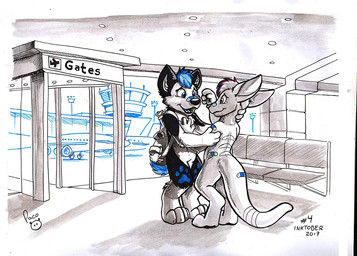 airport anthro band-aid band-aid_on_face band-aid_on_nose band-aid_on_shoulder band-aid_on_tail bandage bandage_on_face bandage_on_nose blue_hair blue_markings bodily_fluids cheek_tuft closed_smile crying digitigrade duo facial_tuft featureless_crotch hair inside male male_anthro markings mouth_closed multicolored_hair nude open_mouth open_smile red_hair smile standing tears tears_of_joy tuft two_tone_hair white_hair pandapaco canid canine kangaroo macropod mammal marsupial partially_colored