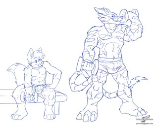abs anthro biceps bottomwear bulge clothed clothing dog_tags duo exercise fur grin holding_object licking licking_lips licking_own_lips male muscular muscular_male pecs shorts smile tail tongue tongue_out topless weightlifting weights workout wolfblade bandai_namco digimon canid canine digimon_(species) mammal weregarurumon