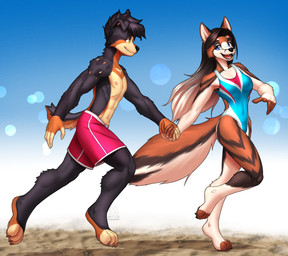 4_toes 5_fingers abs anthro areola backless_swimsuit bangs biped blue_eyes breasts brown_body brown_fur brown_tail claws clothed clothed_anthro clothed_female clothed_male clothing countershade_fur countershade_torso countershading duo feet female female_anthro finger_claws fingers fur green_eyes grey_body grey_fur grey_hair grey_tail hair hand_holding inner_ear_fluff logo long_hair male male_anthro medium_breasts navel nipples one-piece_swimsuit open_mouth open_smile running short_hair side_view smile sport_swimsuit swimming_trunks swimwear tail toe_claws toes tuft mykegreywolf canid canine canis domestic_dog fox mammal 2025 absurd_res artist_logo digital_drawing_(artwork) digital_media_(artwork) hi_res shaded soft_shading