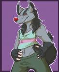 anthro anthrofied bottomwear breasts claws clothed clothing female hands_on_hips midriff pants red_eyes red_nose shirt simple_background small_breasts solo tank_top topwear yellow_sclera zannathedragon nintendo pokemon generation_3_pokemon mightyena pokemon_(species) hi_res