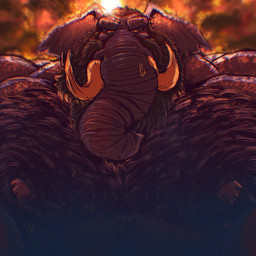 anthro big_beard big_muscles big_pecs black_hair bodily_fluids body_hair chest_hair daddyfication facial_hair forest hair huge_muscles huge_pecs hyper hyper_muscles looming male muscular mustache nipples pecs plant proboscis_(anatomy) solo sunset sweat tree trunk_(anatomy) tusks very_hairy asterondraws xythan_(character) elephant elephantid mammal proboscidean 1:1 half-length_portrait hi_res portrait