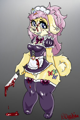 anthro blood blood_on_face blood_on_knife bodily_fluids clothing female holding_knife holding_object knife knife_play maid_uniform solo uniform po0ochie canid canine canis domestic_dog mammal hi_res