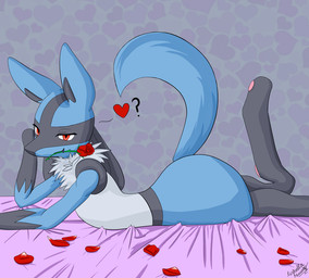 anthro bed black_body black_fur blue_body blue_fur butt digitigrade fangs flower flower_in_mouth fur furniture gloves_(marking) grey_body grey_fur grin heart_background heart_symbol looking_at_viewer lying lying_on_bed male markings mouth_hold narrowed_eyes on_bed on_front pattern_background pawpads petals pink_pawpads plant pseudo_clothing raised_leg raised_tail red_eyes rose_(flower) seductive simple_background smile smirk solo tail teeth lewdcario nintendo pokemon canid canine generation_4_pokemon lucario mammal pokemon_(species) 2017 digital_media_(artwork) pictographics signature