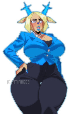 2_horns anthro antlers bent_arm big_breasts big_eyes biped black_bottomwear black_clothing black_eyebrows black_pants blonde_hair blue_antlers blue_clothing blue_eyes blue_lips blue_nose blue_shirt blue_topwear bottomwear breasts button_(fastener) cleavage clothed clothed_anthro clothed_female clothing ear_piercing ear_stud ears_aside eyebrows eyelashes female fully_clothed fully_clothed_anthro fully_clothed_female fur gem glistening glistening_eyes glistening_hair hair hand_on_hip hand_on_own_hip horn iris jewelry legs_together light_body light_fur light_hair lips long_eyelashes looking_aside mature_anthro mature_female necklace no_pupils open_mouth pants pearl_(gem) pearl_necklace piercing pink_inner_ear pink_tongue pose shirt short_hair simple_background snout solo standing tan_body tan_breasts tan_fur tear_trough teeth text thick_thighs thigh_gap three-quarter_view tongue topwear white_background white_jewelry white_necklace white_sclera wide_hipped_anthro wide_hipped_female wide_hips yellow_ears artiah669 deltarune undertale_(series) carol_holiday deer mammal new_world_deer reindeer 2025 artist_name digital_drawing_(artwork) digital_media_(artwork) hi_res portrait three-quarter_portrait