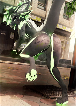 anthro anus balls black_body black_border black_fur border butt butt_tattoo degradation_text degrading_tattoo erection fur genitals green_markings hair looking_at_viewer looking_pleasured male markings nude paws penis presenting presenting_anus raised_tail scales seductive smile smiling_at_viewer solo tail tattoo text white_body white_fur lill_esp abiboi_(modeler) deuzear 3d_(artwork) absurd_res blender_(artwork) digital_media_(artwork) hi_res