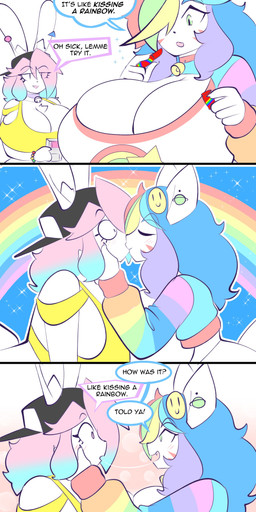 anthro backwards_baseball_cap backwards_hat baseball_cap bell bell_collar big_breasts black_baseball_cap blue_hair blush blush_lines bodily_fluids breast_squish breasts breasts_frottage candy cleavage clothed clothing collar constricted_pupils dessert dialogue duo eye_through_hair eyebrow_through_hair eyebrows eyelashes eyelashes_through_hair eyes_closed female female/female food fur furgonomic_baseball_cap furgonomic_hat furgonomic_headwear furgonomics green_eyes hair hand_on_face handheld_console hat headgear headwear holding_handheld_game_console huge_breasts inner_ear_fluff jingle_bell jingle_bell_collar kiss_on_lips kissing linked_speech_bubble lip_gloss long_ears multicolored_eyes multicolored_hair open_mouth open_smile pink_eyes pink_hair pupils rainbow rainbow_hair saliva saliva_string simple_background small_pupils smile speech_bubble squish text topwear translucent translucent_hair tuft two_tone_eyes two_tone_hair white_background white_body white_fur wide_eyed yellow_clothing yellow_eyes yellow_topwear theycallhimcake game_boy game_boy_family mars_incorporated nintendo skittles_(candy) finley_(theycallhimcake) pb_(theycallhimcake) domestic_cat felid feline felis lagomorph leporid mallkin mammal rabbit 2025 absurd_res comic digital_drawing_(artwork) digital_media_(artwork) english_text hi_res busty_boy_(lore) male_(lore)