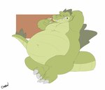 anthro belly big_belly claws crossed_legs feet hand_behind_head leaning leaning_backward lying male narrowed_eyes on_back overweight overweight_anthro overweight_male relaxing simple_background solo squint tail teeth canson crocodile crocodilian reptile scalie hi_res