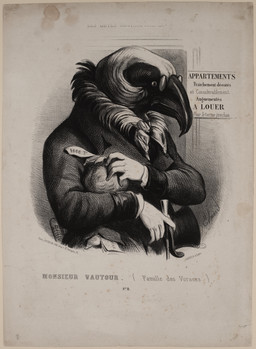 cane clothing coat eyewear feathers for_a_head frown glasses hat headgear headwear holding_object male money_bag solo text top_hat topwear edmond_hedouin accipitriform animal_head animal_humanoid avian bird humanoid vulture 1858 19th_century absurd_res ancient_art french_text greyscale hi_res monochrome