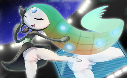 big_head bottomless breasts butt butt_from_the_front casual_exposure clothed clothing concert dancing diamond_(gem) electronics eyes_closed featureless_feet feet female forehead_gem gem genitals glowing glowing_hair green_hair hair lights long_hair low-angle_view microphone monitor night no_underwear not_furry on_one_leg open_mouth open_smile outside performance pseudo_clothing sash sky small_breasts smile solo stadium standing star starry_sky three-quarter_view upskirt vulva b-ern nintendo pokemon generation_5_pokemon humanoid legendary_pokemon meloetta meloetta_(aria_form) pokemon_(species) 2014