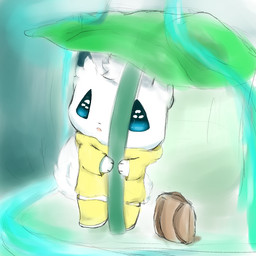 ambiguous_gender anthro backpack blue_eyes blue_sclera clothing coat fluffy fluffy_tail fur fur_markings markings outline plant raincoat raining rubber_boots solo tail topwear tuft umbrella white_body white_fur snoiifoxxo domestic_cat felid feline felis mammal 1:1