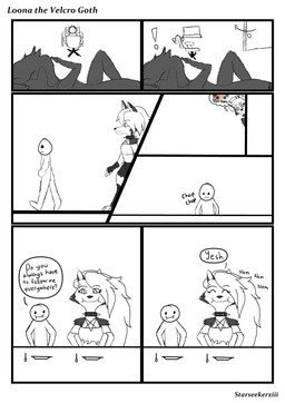 anthro duo female male male/female mini_comic silhouette slice_of_life starseekerxiii hellaverse helluva_boss mythology twitter anonymous_character loona_(helluva_boss) canid canid_demon canine demon hellhound human mammal mythological_canine mythological_creature absurd_res comic hi_res monochrome