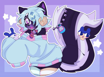 big_breasts big_tail breasts clothing collar female horn huge_tail legwear oversized_clothing oversized_topwear tail thick_thighs thigh_highs topwear nept0onz tamagotchi nyamiee_(felinegirl) mammal mephitid skunk hi_res