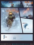 absurd_res alien armor blizzard_(weather) comic dialogue digital_media_(artwork) duo english_text female forest green_eyes gun halo_(series) headgear helmet hi_res human male mammal microsoft plant ranged_weapon rube sangheili shaded snow submachine_gun text tree url weapon xbox_game_studios