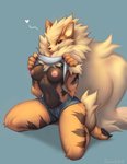 2020 anthro anthrofied arcanine arm_tuft black_body black_fur black_pawpads black_stripes blep bottomwear breasts canid chest_tuft clothed clothing clothing_lift crotch_tuft digital_media_(artwork) digital_painting_(artwork) elbow_tuft falvie female fluffy fluffy_tail fur generation_1_pokemon heart_symbol hi_res hotpants kneeling looking_at_viewer mammal minishorts navel neck_tuft nintendo nipples orange_body orange_fur pawpads pokemon pokemon_(species) pokemorph shaded shirt shirt_lift shorts simple_background solo striped_body striped_fur stripes tail tan_body tan_fur text third-party_edit tongue tongue_out topwear tuft