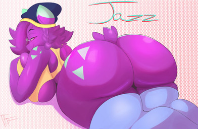 anthro beanie big_breasts big_butt bottomless braided_hair breast_grab breast_squish breasts butt butt_focus cleavage clothed clothing cloud crop_top curvy_figure deep_navel dipstick_ears ear_markings eyelashes female green_body hair hand_on_breast hat headgear headwear huge_butt jewelry legwear looking_at_viewer looking_back lying markings multicolored_ears navel necklace noseless on_front open_mouth outside pattern_background pigtails pokemorph purple_body purple_hair red_sclera shirt side_boob simple_background solo squish stockings thick_thighs topwear underwear voluptuous wide_hips blazethefox nintendo pokemon fan_character jazz_(damianvertigo) generation_1_pokemon gengar mammal pokemon_(species) 2020 absurd_res hi_res signature