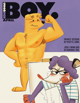 3_toes anthro armpit_hair armpit_tuft balls barefoot big_muscles black_ears black_eyes black_nose blinking blush body_hair chest_hair chest_tuft clothing curly_hair drawing_in_a_drawing duo easel embarrassed eyebrows eyes_closed feet flexing flexing_bicep floppy_ears flustered foreskin fur genitals hair hairless_hands hand_on_hip head_on_hand head_tuft looking_at_another looking_away magazine male male/male muscular muscular_male navel nipples nude obscured_genitals pattern_clothing penis pink_hands pink_nose pubes purple_body purple_fur shirt simple_background smile smiling_at_another smiling_at_partner striped_clothing stripes t-shirt text thick_eyebrows title toes toony topwear tuft white_body white_face white_fur yellow_body yellow_fur vickydanne hank_(vickydanne) jim_(vickydanne) american_opossum bird_dog canid canine canis domestic_dog felid feline golden_retriever humanoid hunting_dog mammal marsupial retriever animated cover hi_res magazine_cover