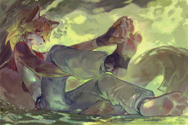 4_toes ambiguous_anthro ambiguous_gender anthro black_nose blonde_hair blue_bottomwear blue_clothing blue_pants bottomwear clothing feet hair looking_at_viewer mouth_closed orange_eyes pants plant side_view sitting slim_ambiguous slim_anthro solo toes tree carbonizedaki canid canine mammal hi_res